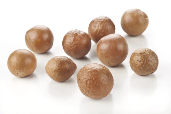 Nueces de macadamia sobre fondo blanco — Foto de Stock