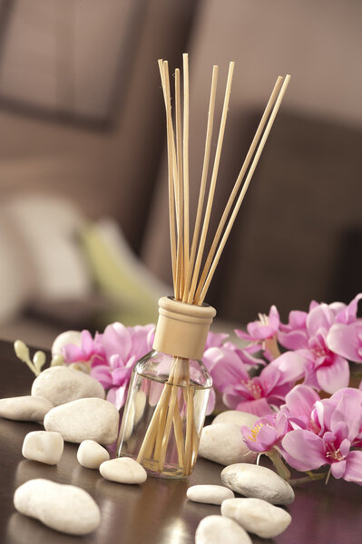 air freshener sticks at home with flowers and ou of focus backgr