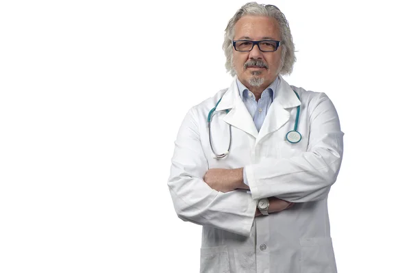 Caucasian mature male doctor on bright background — Stock Photo, Image