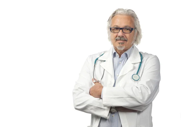 Caucasian mature male doctor on bright background — Stock Photo, Image