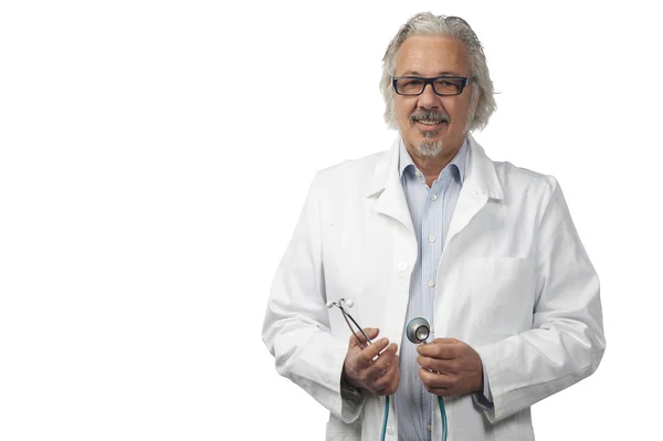 Caucasian mature male doctor on bright background — Stock Photo, Image