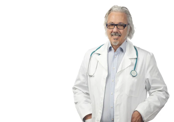 Caucasian mature male doctor on bright background — Stock Photo, Image