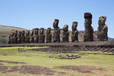 Paskalya Adası 'ndaki Rano Raraku Volkanı' ndaki Moai heykelleri, Rapa Nui Ulusal Parkı, Şili