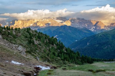 Trentino 'daki Dolomiti Dağı' ndaki manzara ormanı.