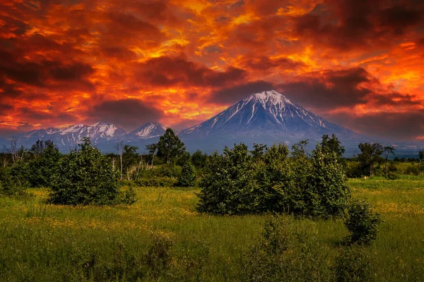 Panoramautsikt Över Staden Petropavlovsk Kamchatsky Och Vulkaner Koryaksky Vulkan Avacha — Stockfoto