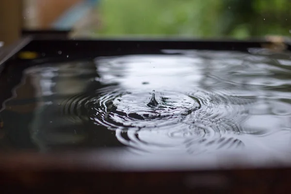 Uma gota de água da chuva pura caindo em um recipiente — Fotografia de Stock