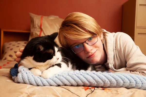 Handsome Young Teenage Blonde Boy Glasses Rests His Head His Stock Photo