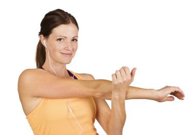 Smiling fit woman stretching clipart