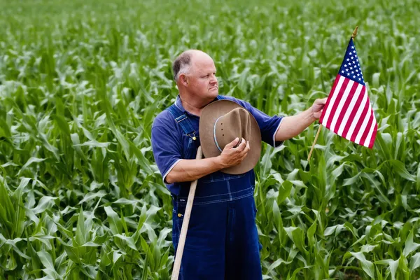 Старый фермер с флагом США — стоковое фото