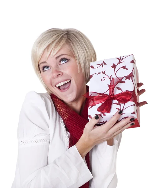 Kvinna entusiastiska över hennes julklapp — Stockfoto