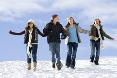 Young people having fun in the snow clipart