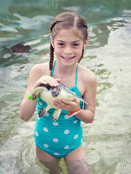 Niña sosteniendo una tortuga marina bebé —  Fotos de Stock
