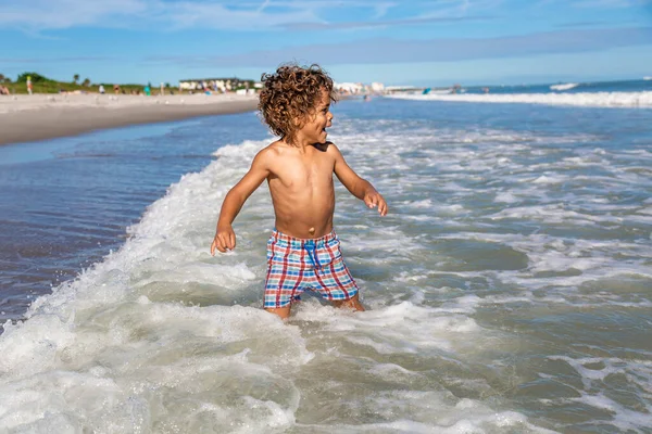 Cute Young Mixed Race Boy Running Playing Beach While Family — Stock Photo, Image