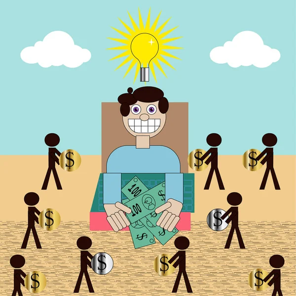 Crowd funding concept illustration, man with money on computer — Stock Photo, Image