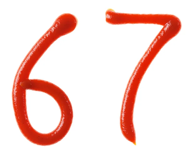 Numere simboluri realizate din roșii, sirop de ketchup sunt izolate — Fotografie, imagine de stoc