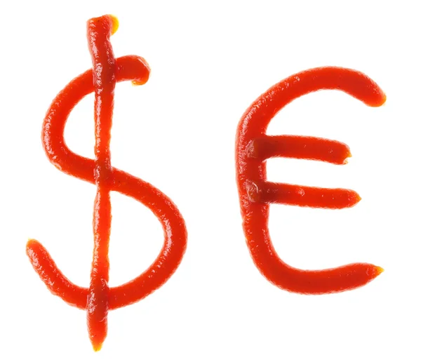 Dollar,euro symbols made from tomato, ketchup syrup are isolated — Stock Photo, Image