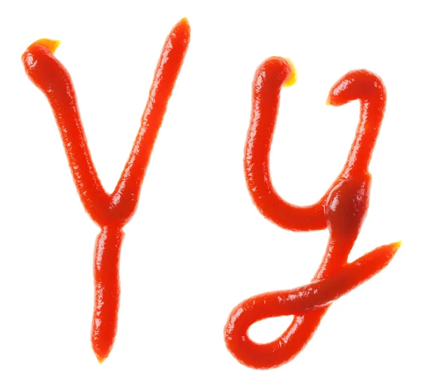 Τα γράμματα αλφαβήτου από ντομάτα, κέτσαπ σιρόπι είναι απομονωμένες — Φωτογραφία Αρχείου