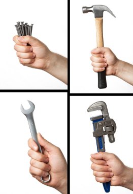 farklı araçlar kümesi: somun anahtarları ve çivi çekiç