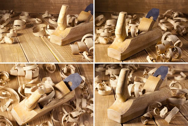 Set of Carpenter's jack planes and shaving on a wooden planks — Stock Photo, Image