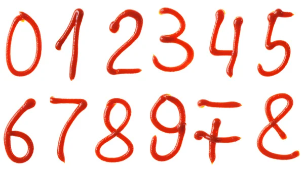 Números símbolos hechos de tomate, jarabe de kétchup están aislados —  Fotos de Stock