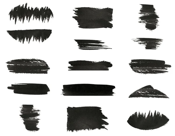 Conjunto de varias pinceladas de pincel de mano de acuarela negra están aisladas sobre un fondo blanco . —  Fotos de Stock