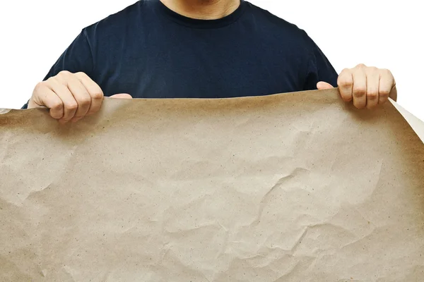 Homem segurando papel velho amassado — Fotografia de Stock