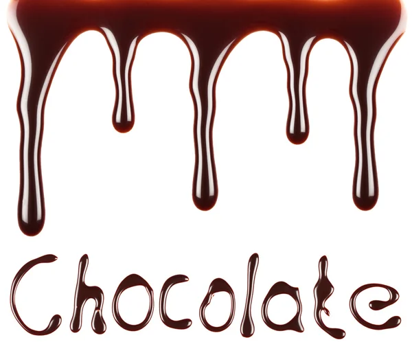 Chocolate syrup flow chocolate text — Stock Photo, Image