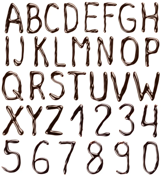 Алфавит, написанный шоколадным сиропом и цифры на белом фоне — стоковое фото