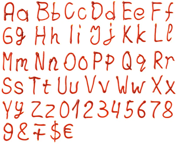 Lettere dell'alfabeto fatte da ketchup — Stok fotoğraf