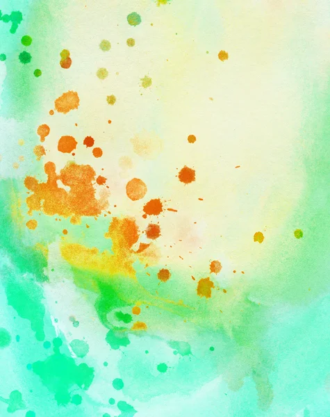 Akvarell háttér narancssárga, zöld fröccsenése festett. — Stock Fotó