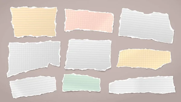 Conjunto de rasgado colorido y blanco, nota alineada, rayas de papel portátil están sobre fondo marrón para texto, publicidad o diseño. Ilustración vectorial — Archivo Imágenes Vectoriales