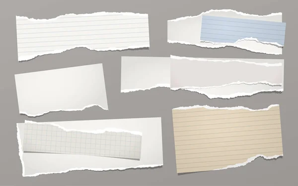 Conjunto de nota branca rasgada, listras de papel notebook estão em fundo cinza escuro para texto, publicidade ou design. Ilustração vetorial —  Vetores de Stock