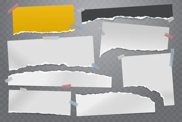 Strappato di nota bianca e colorata, strisce di carta per notebook e pezzi incollati con nastro adesivo su sfondo grigio quadrato. Illustrazione vettoriale — Vettoriale Stock