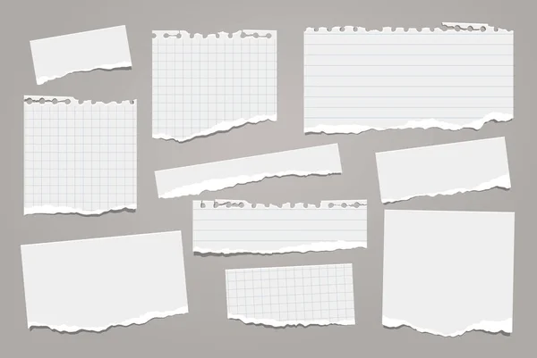 Rasgado de nota blanca, tiras de papel de cuaderno y piezas pegadas sobre fondo gris oscuro. Ilustración vectorial — Vector de stock
