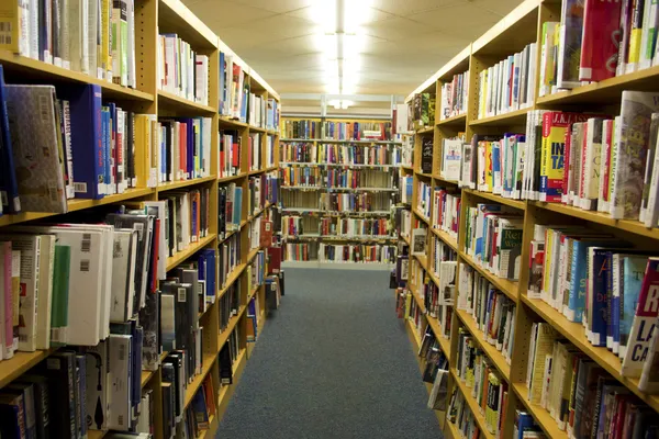 Librerie piene di libri all'interno di una biblioteca — Foto Stock