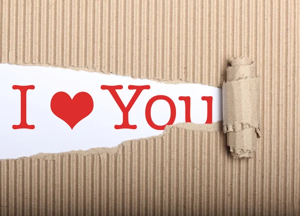 Jag älskar dig text på papper och trasiga cardbox — Stockfoto