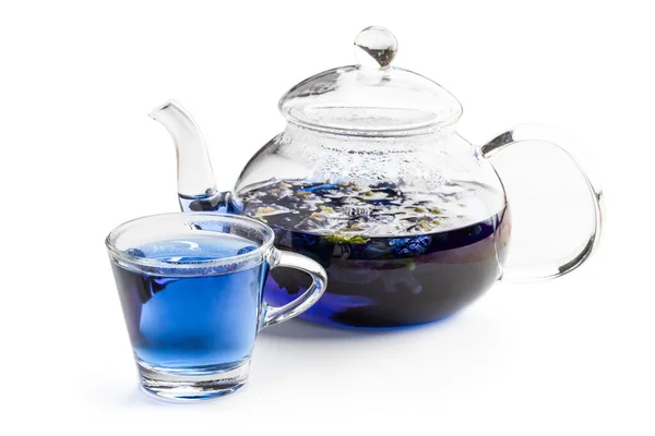 Butterfly Pea Flower Tea Clear Glass Teapot Isolated White — Stock Photo, Image