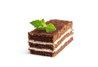 Çikolatalı kek parçası üzerinde beyaz izole 