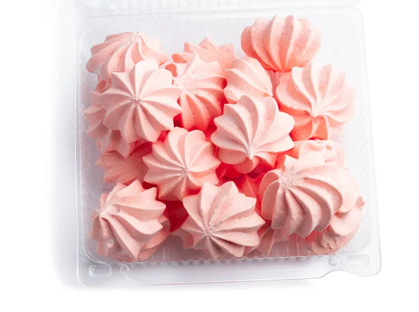 Merengue Rosa Recipiente Plástico Isolado Sobre Fundo Branco — Fotografia de Stock