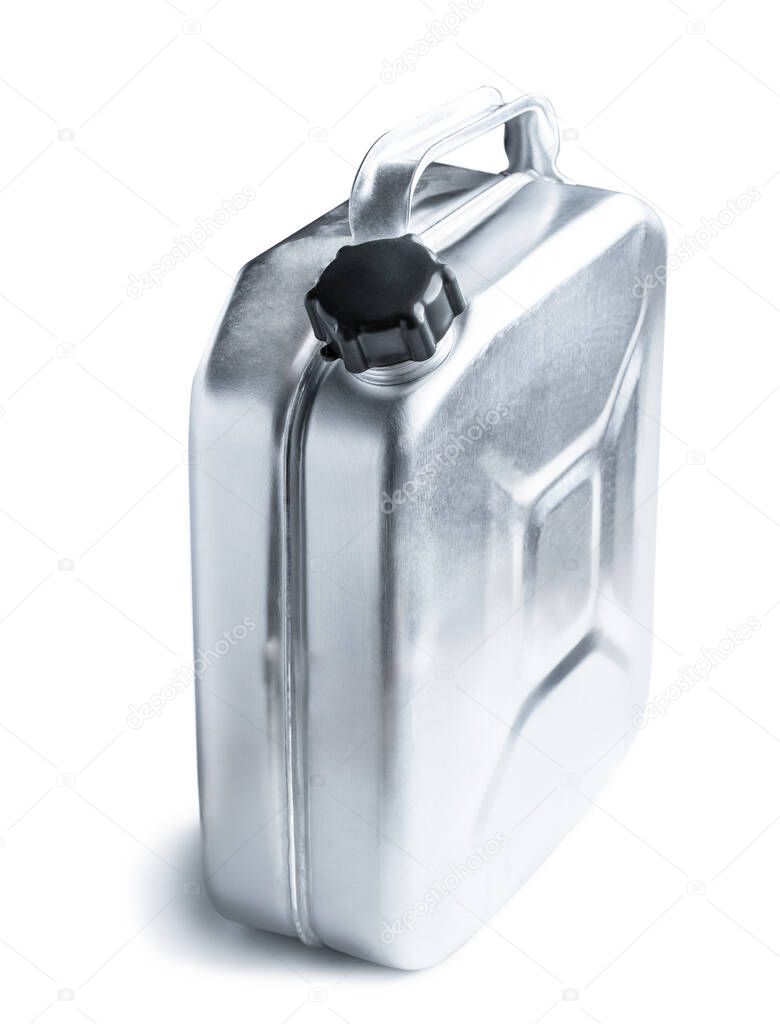 aluminium  jerry can with black plastic cap isolated on white background  