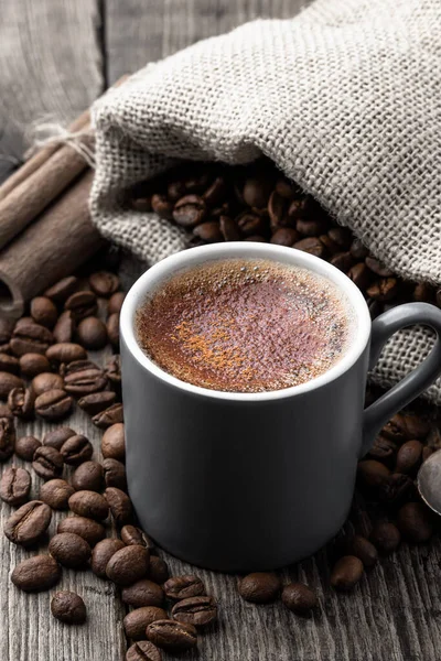 Cup Coffee Cinnamon Rustic Wooden Table — Stock Photo, Image