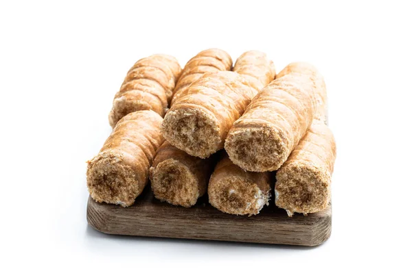 Elegant French Cream Horn Pastries Wooden Board Isolated White — Stock Photo, Image