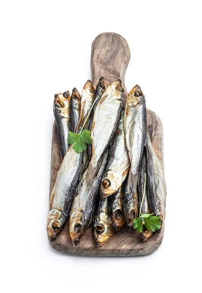 Smoked Baltic Herring Wooden Board Isolated White — Stock Photo, Image