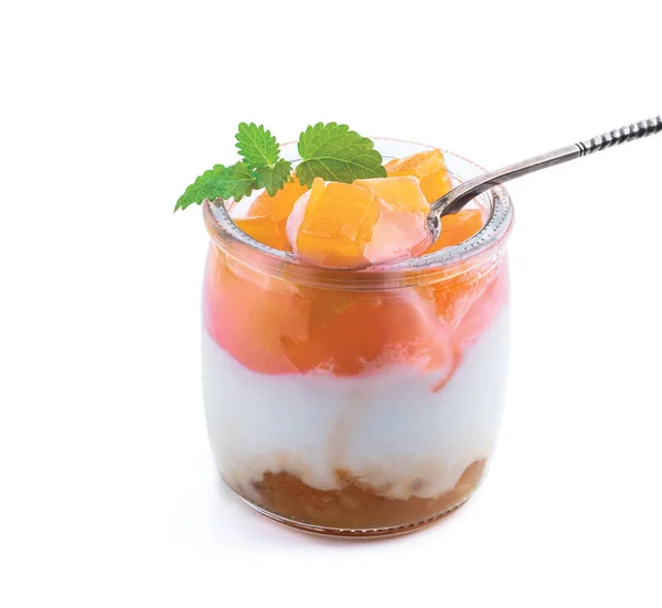 Vit Fruktig Yoghurt Glasburk Isolerad Vitt — Stockfoto