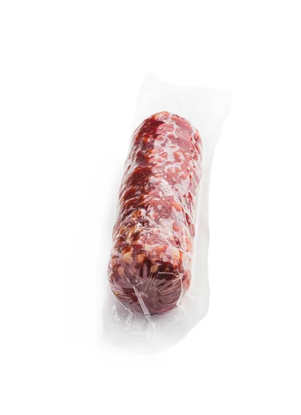 Verpackt Trockene Salami Isoliert Auf Weißem Hintergrund — Stockfoto
