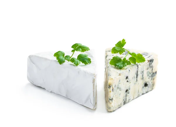 Formaggi Blu Camembert Brie Isolati Sfondo Bianco — Foto Stock