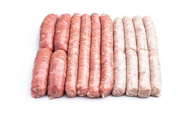 Conjunto Salsichas Porco Cruas Isoladas Branco — Fotografia de Stock