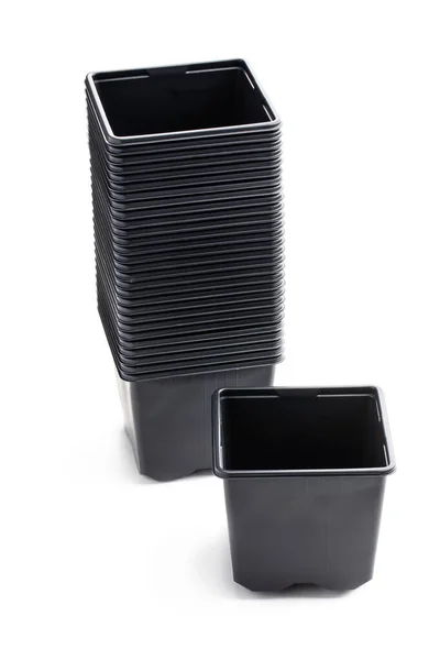 Stack Black Plastic Pots Isolated White Background — Stok Foto