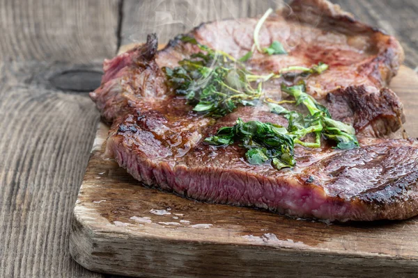 Fried Beef Steak Herbs Wooden Board — Stock Photo, Image