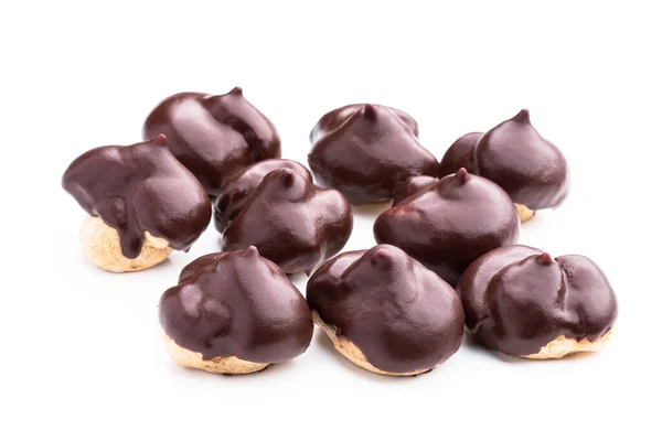 Homemade Profiteroles Covered Chocolate Isolated White — Stock Photo, Image